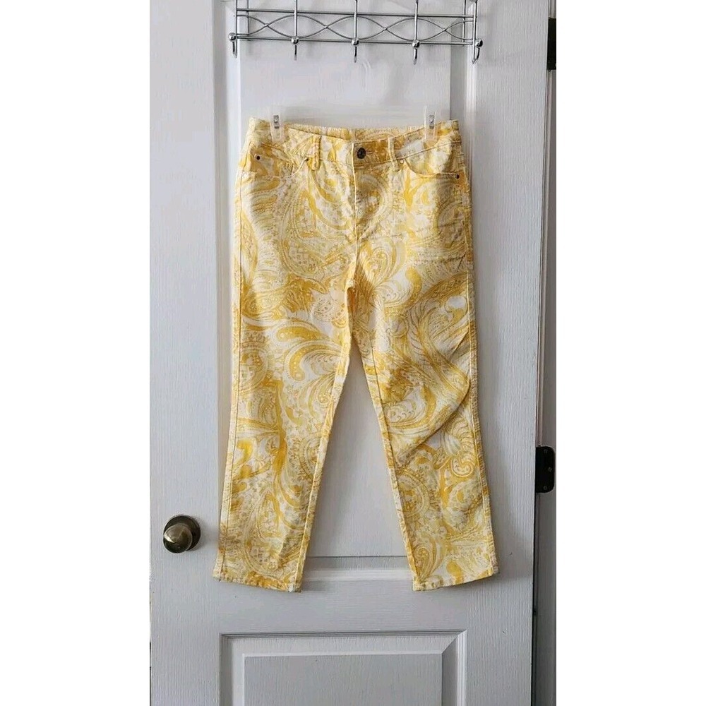 Chico's Platinum Womens Pants Yellow White Paisley Crop Stretch Pockets 00 (2)